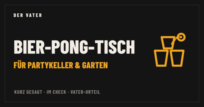 Illustration: Becher und Ball, Schriftzug Bier-Pong-Tisch für Partykeller und Garten