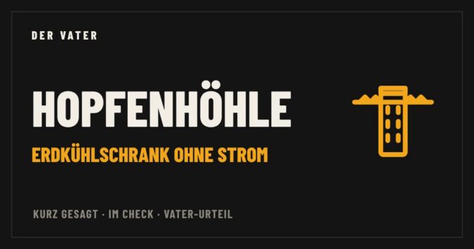 Illustration: Erdkühler im Boden, Schriftzug Hopfenhöhle, Erdkühlschrank ohne Strom